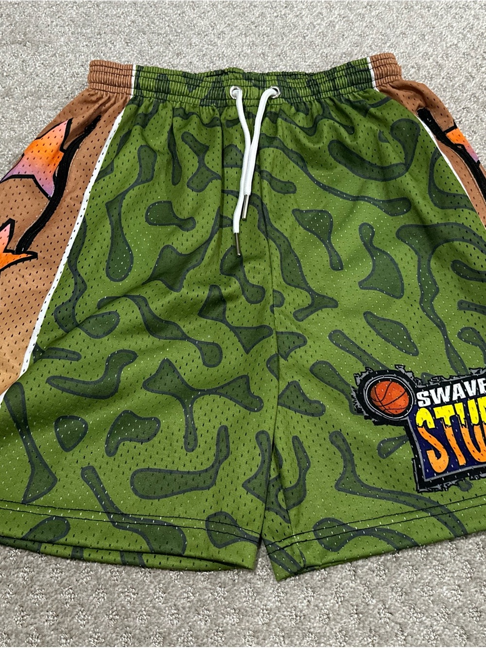 Green Camo Athletic Basketball Shorts with Orange Side Panels